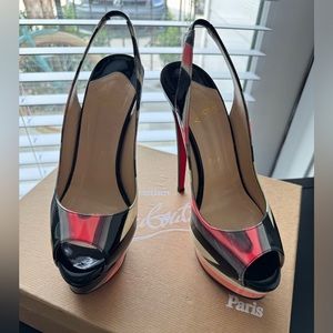 Christian Louboutin peep toe sling back graffiti print heels Size 37 - in box